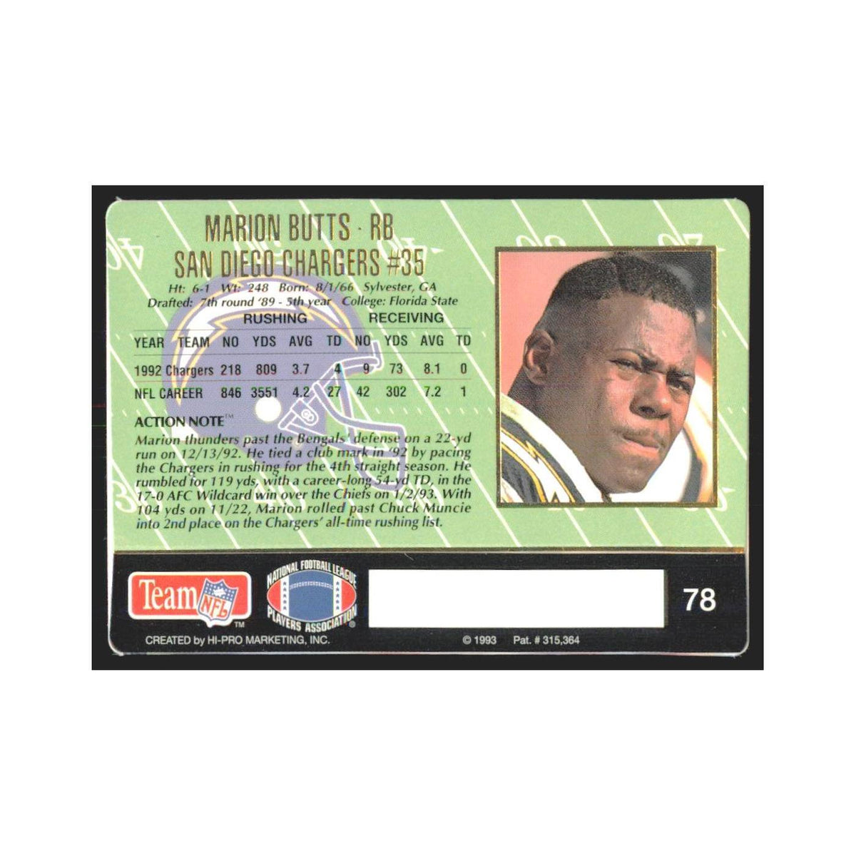 1993 Action Packed Marion Butts San Diego Chargers #78