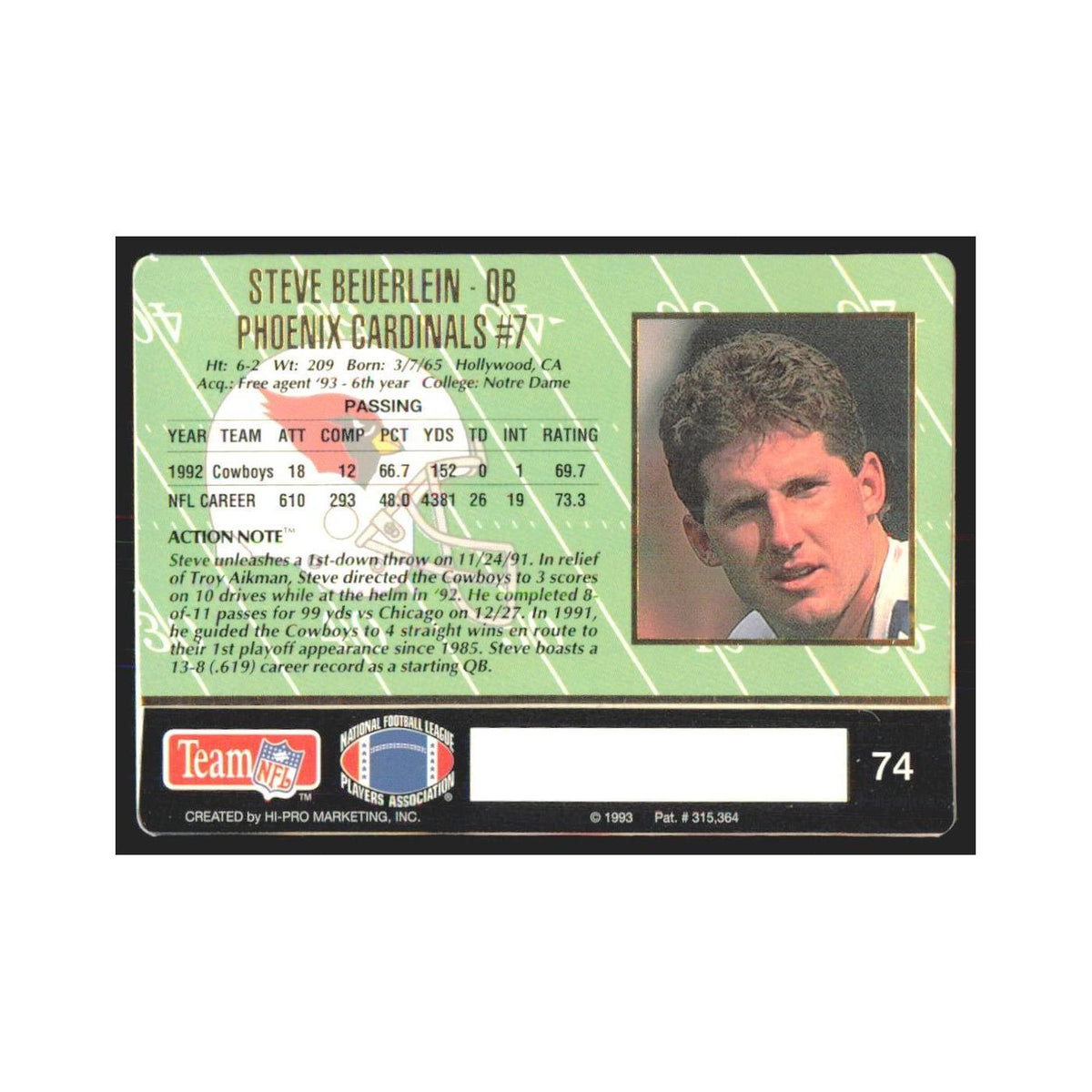 1993 Action Packed Steve Beuerlein Phoenix Cardinals #74