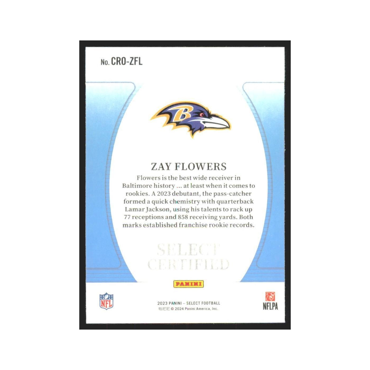 2023 Panini Select Zay Flowers RC Ravens #CRO-ZFL