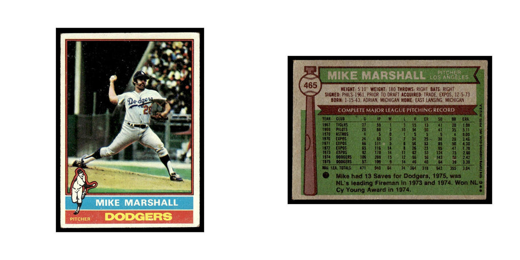 Mike G. Marshall 1976 Topps #465 Los Angeles Dodgers Baseball Card EX