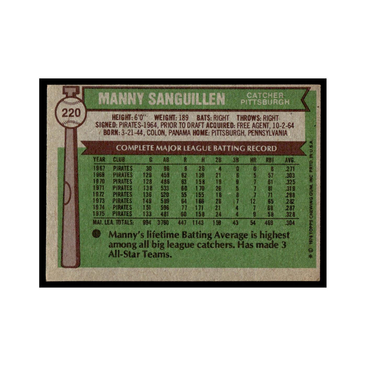 Manny Sanguillen 1976 Topps #220 Pittsburgh Pirates Baseball Card EX