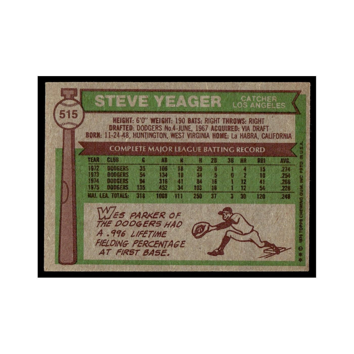 Steve Yeager 1976 Topps #515 Los Angeles Dodgers Baseball Card EX