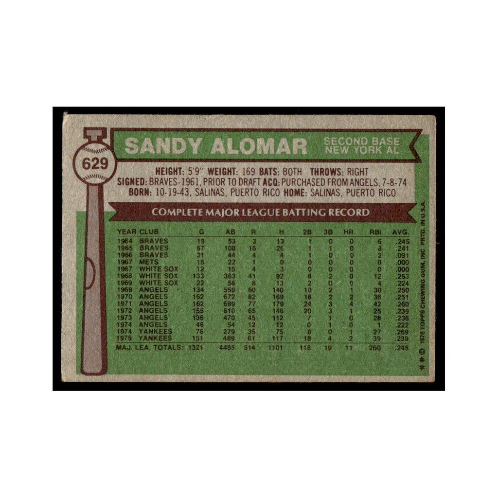 Sandy Alomar 1976 Topps #629 New York Yankees Baseball Card EX