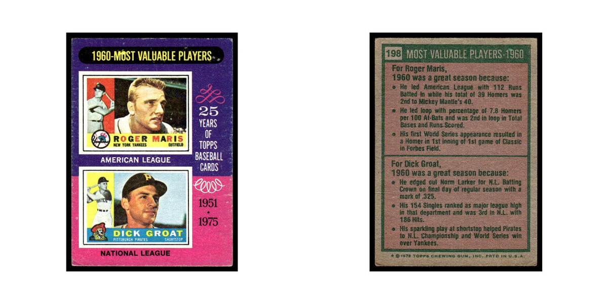 MVP Roger Maris Dick Groat 1975 Topps (damaged) #198 Baseball Card Poor