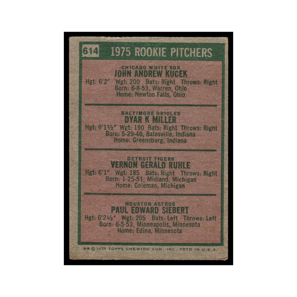 Jack Kucek Dyar Miller Vern Ruhle Paul Siebert Rookie 1975 #614 Poor