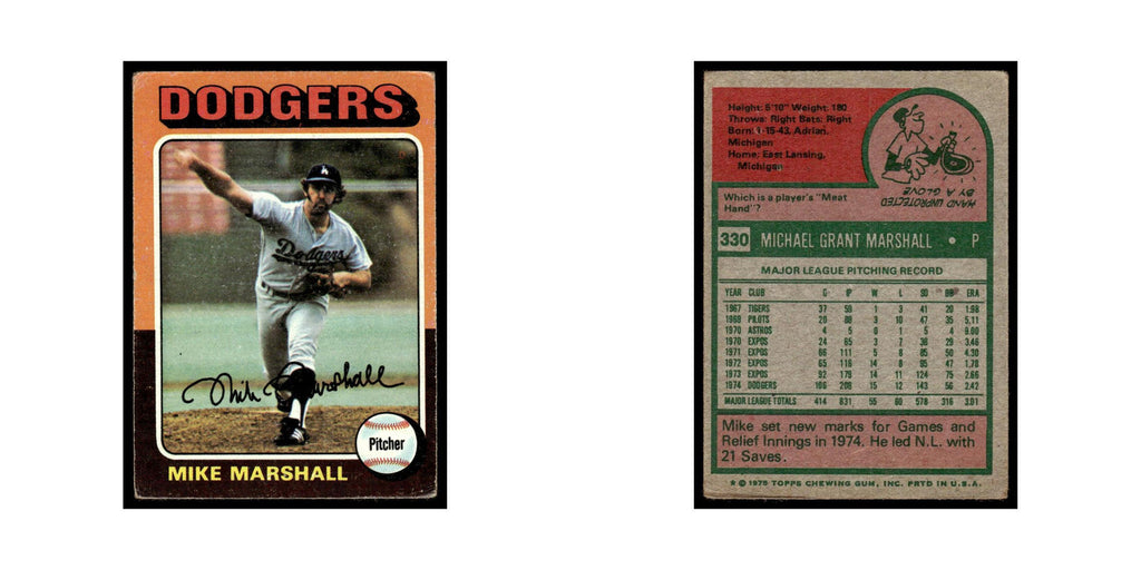 Mike Marshall 1975 Topps (damaged) #330 Los Angeles Dodgers Baseball Card Poor