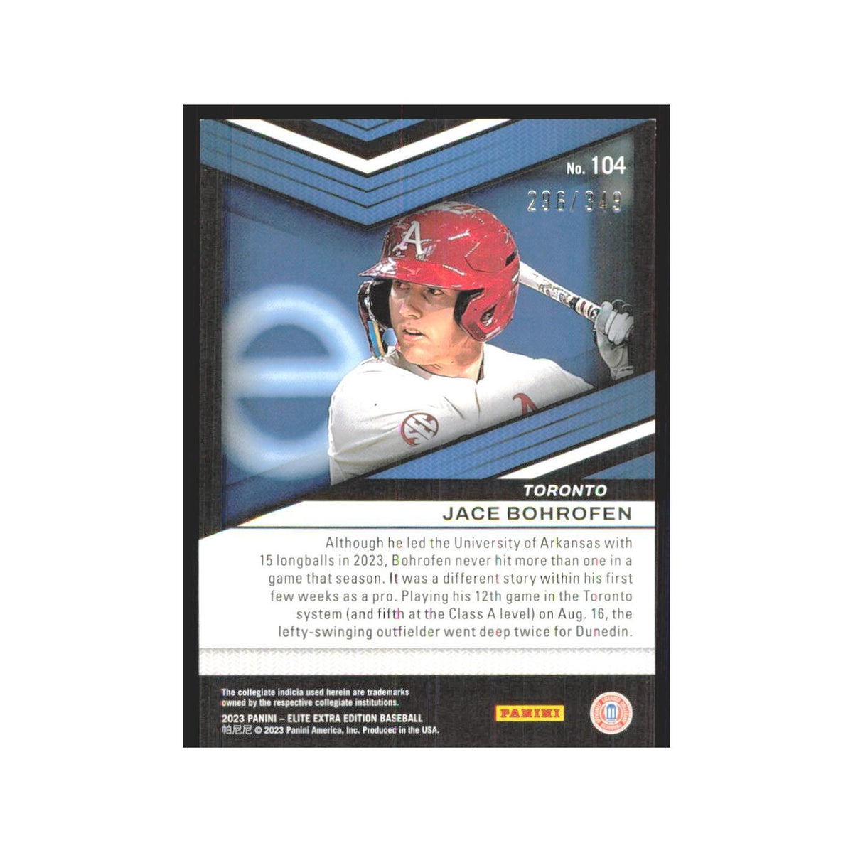 2023 Panini Elite Extra Jace Bohrofen Toronto #104
