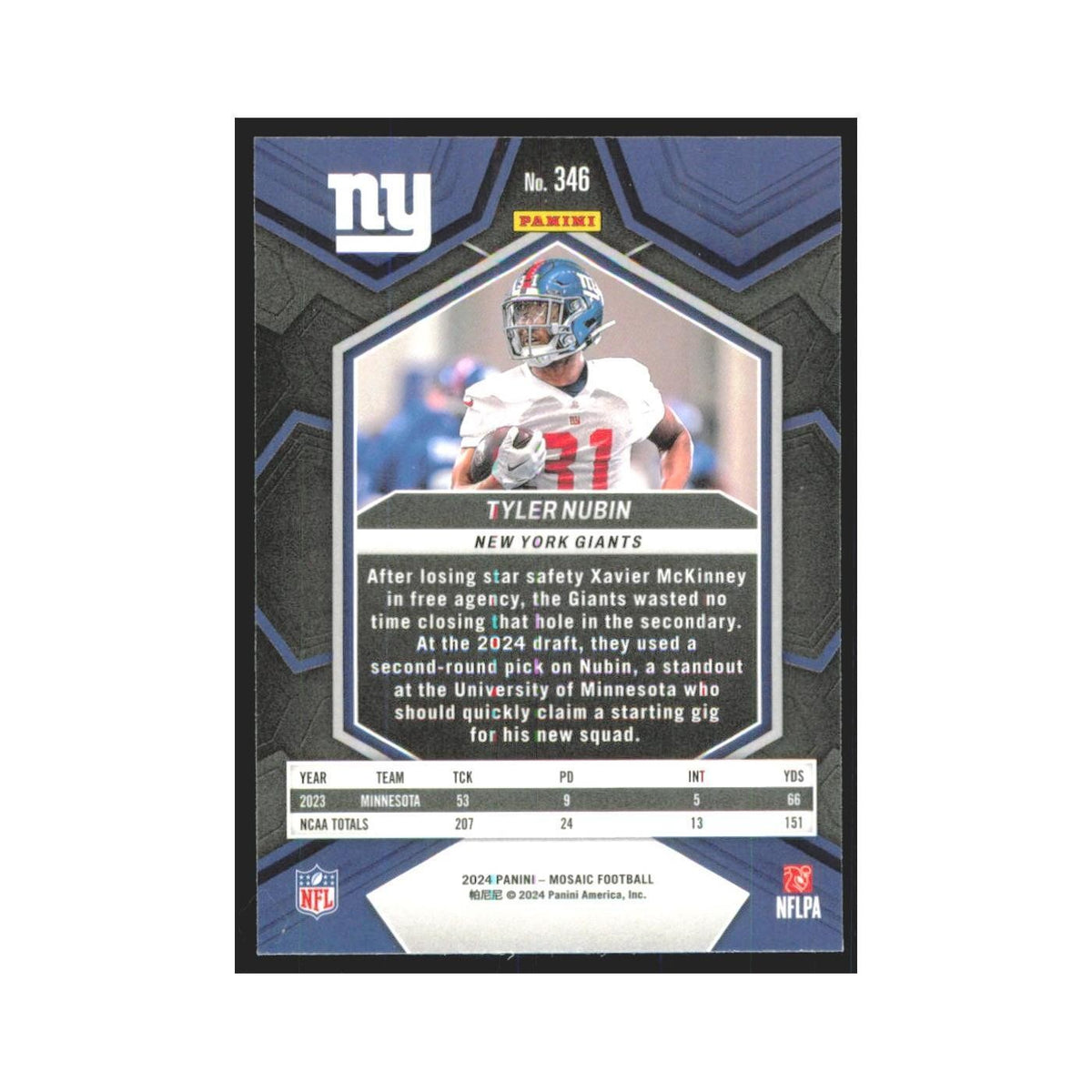 2024 Panini Mosaic Tyler Nubin RC Giants #346