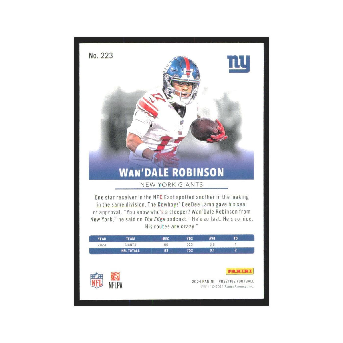 2024 Panini Prestige Wan'Dale Robinson Giants #223
