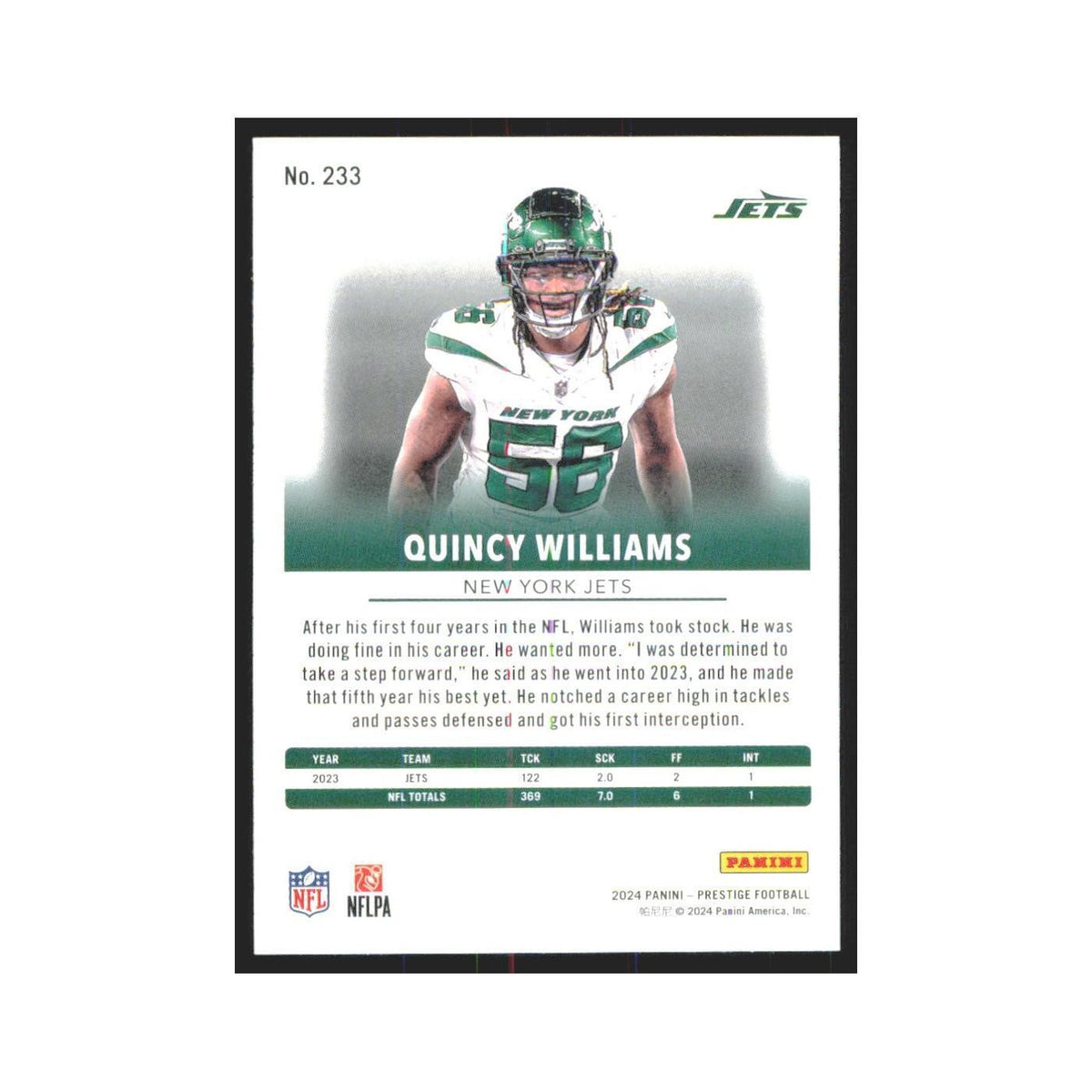 2024 Panini Prestige Quincy Williams Jets #233