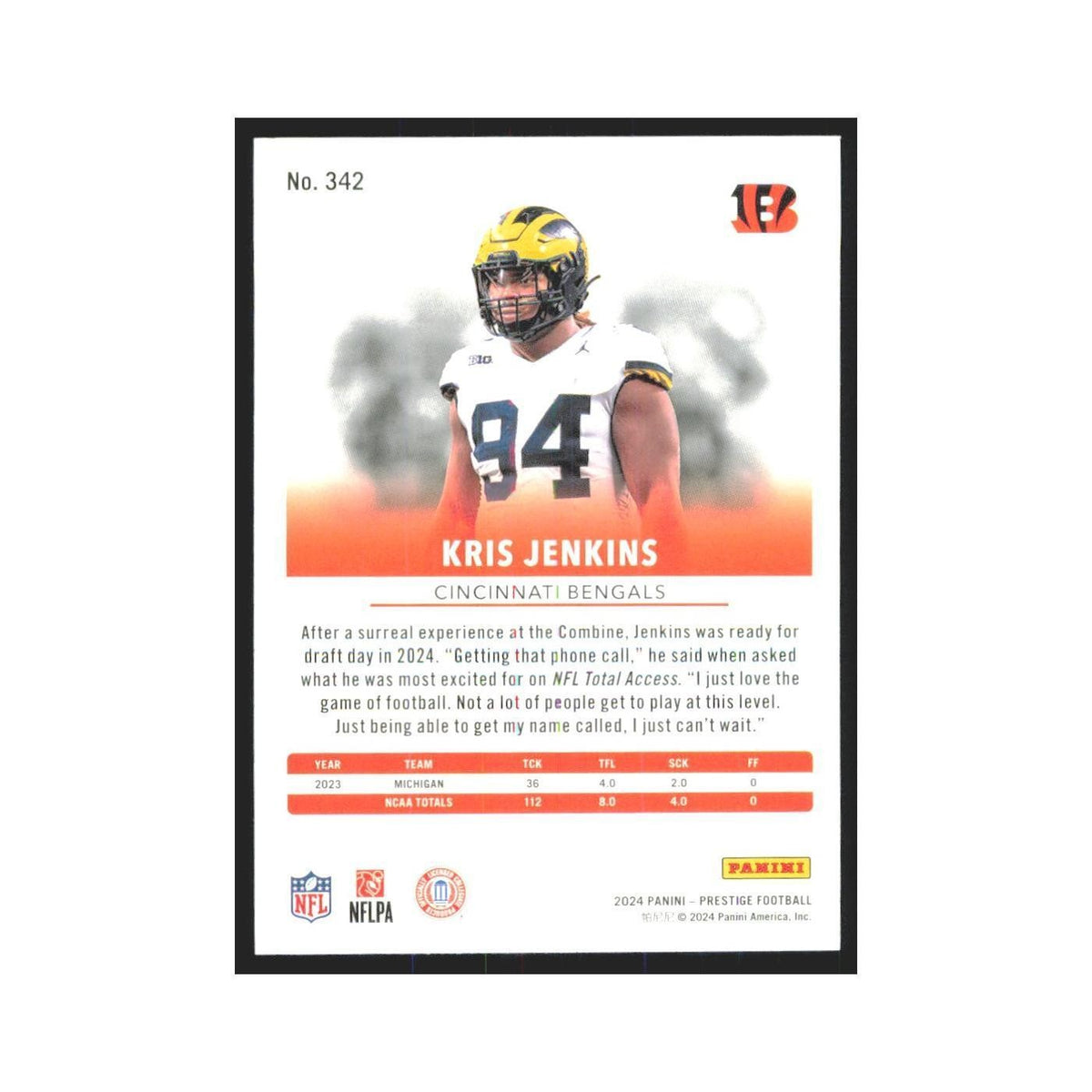2024 Panini Prestige Kris Jenkins RC Bengals #342