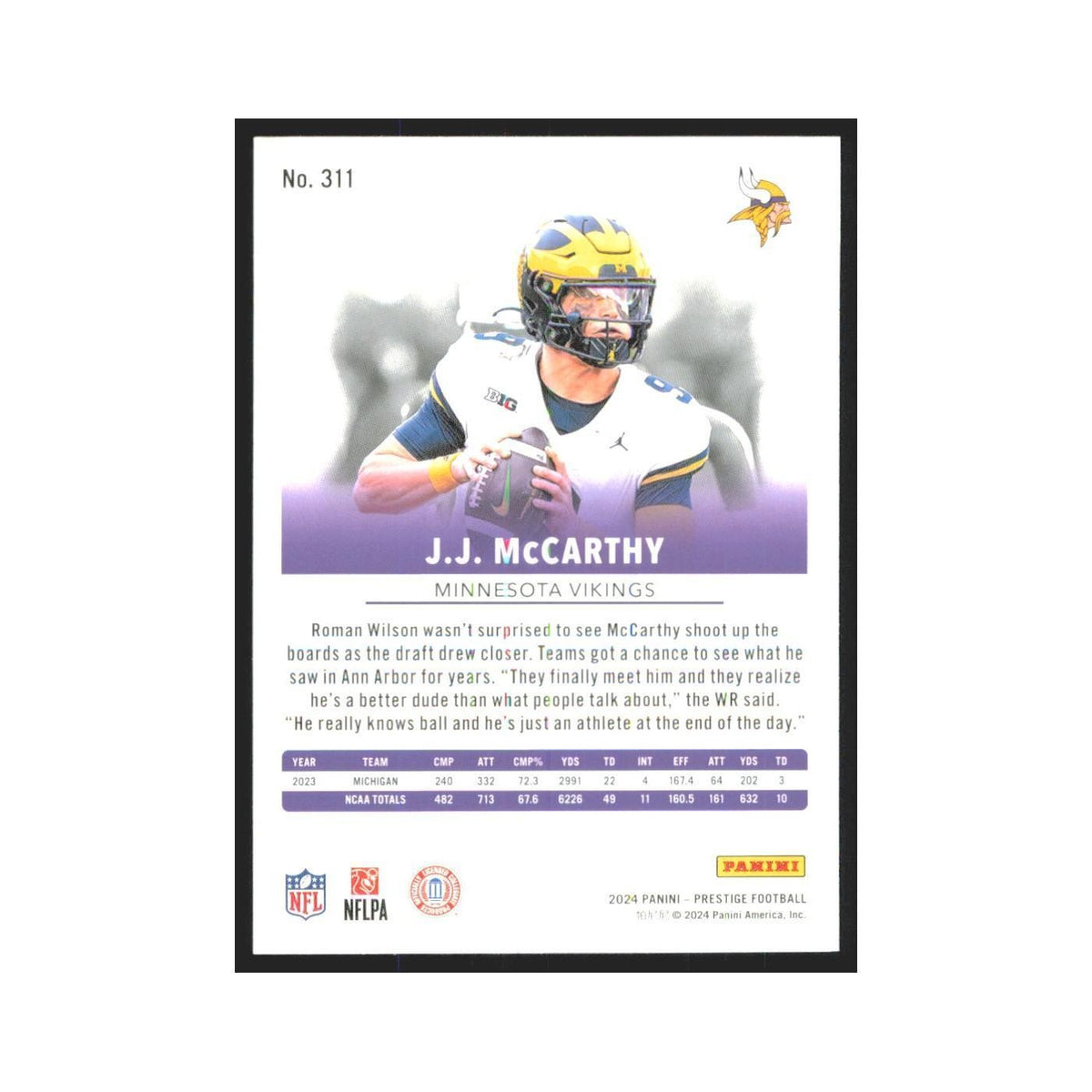 2024 Panini Prestige J.J. McCarthy RC Vikings #311