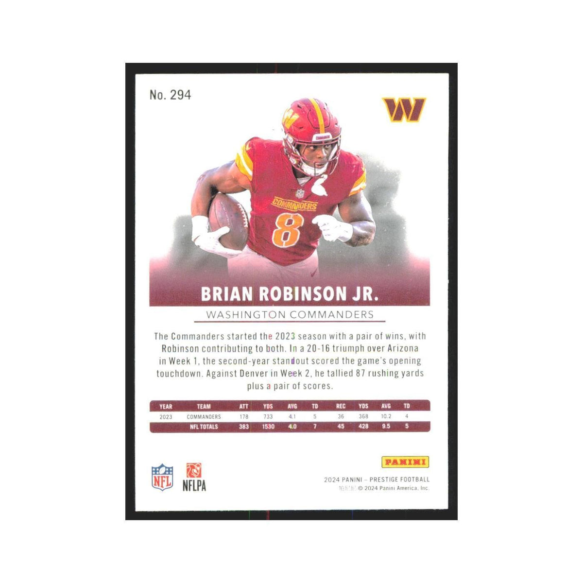 2024 Panini Prestige Brian Robinson Jr Commanders #294