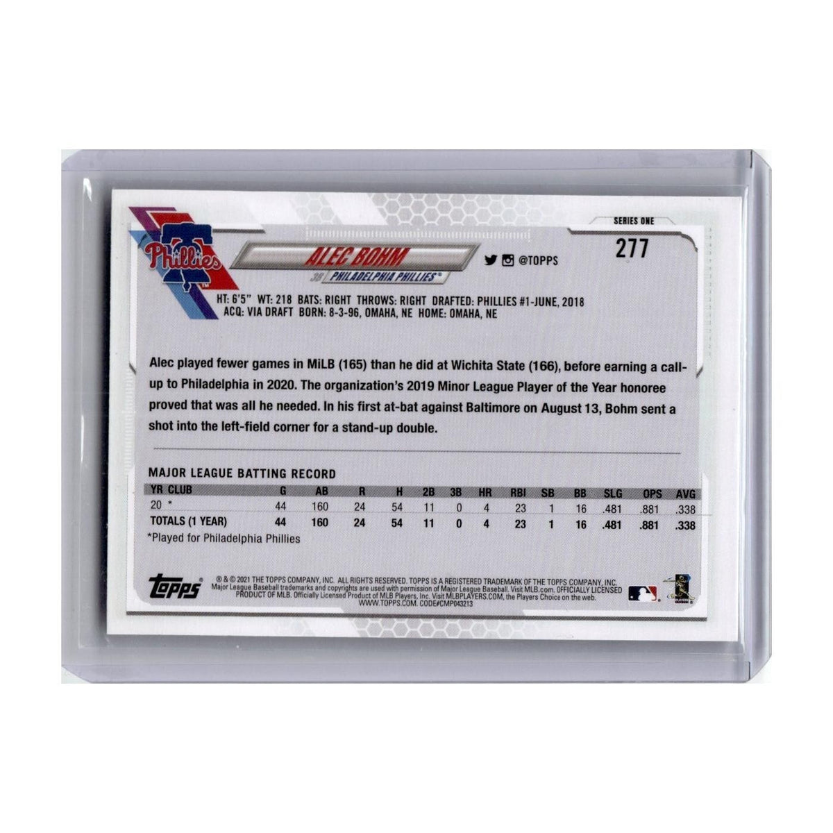Alec Bohm Rookie 2021 Topps #277 Philadelphia Phillies Baseball Card NM