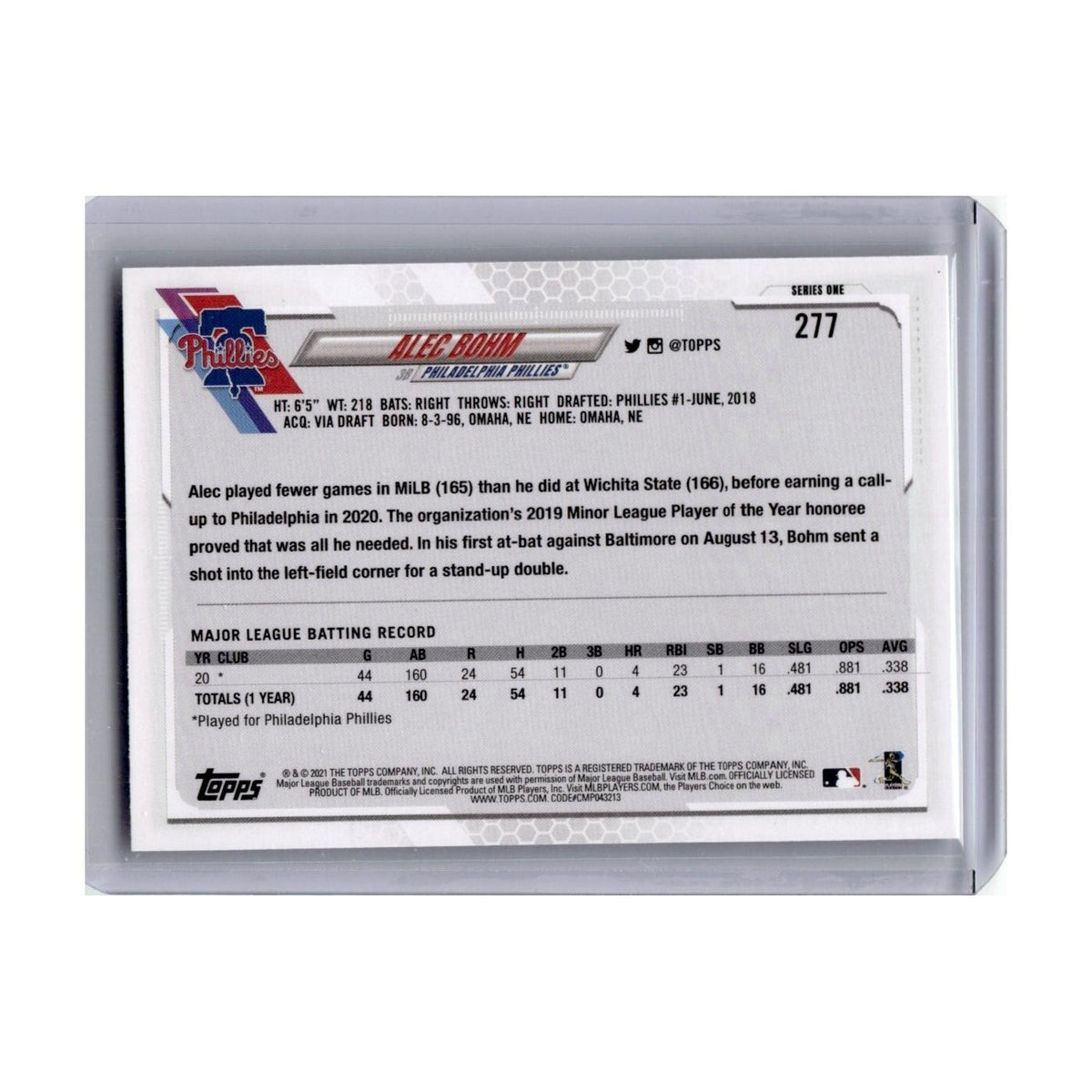 Alec Bohm Rookie 2021 Topps #277 Philadelphia Phillies Baseball Card NM