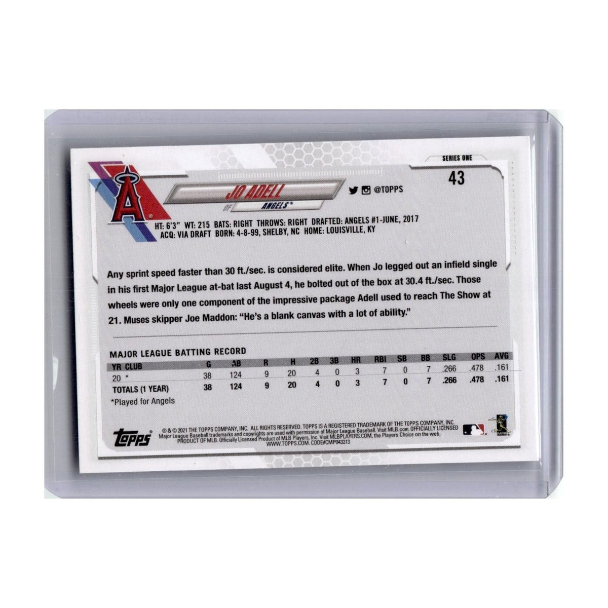 Jo Adell Rookie 2021 Topps #43 Los Angeles Angels Baseball Card NM