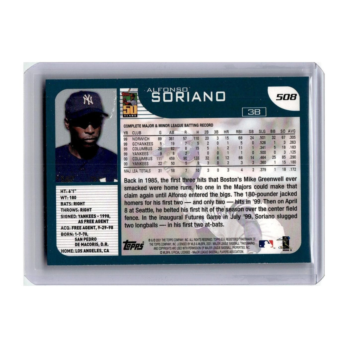 Alfonso Soriano 2001 Topps #508 New York Yankees Baseball Card NM