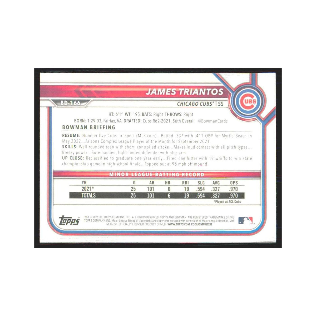 2022 Bowman Draft James Triantos Cubs #BD-166