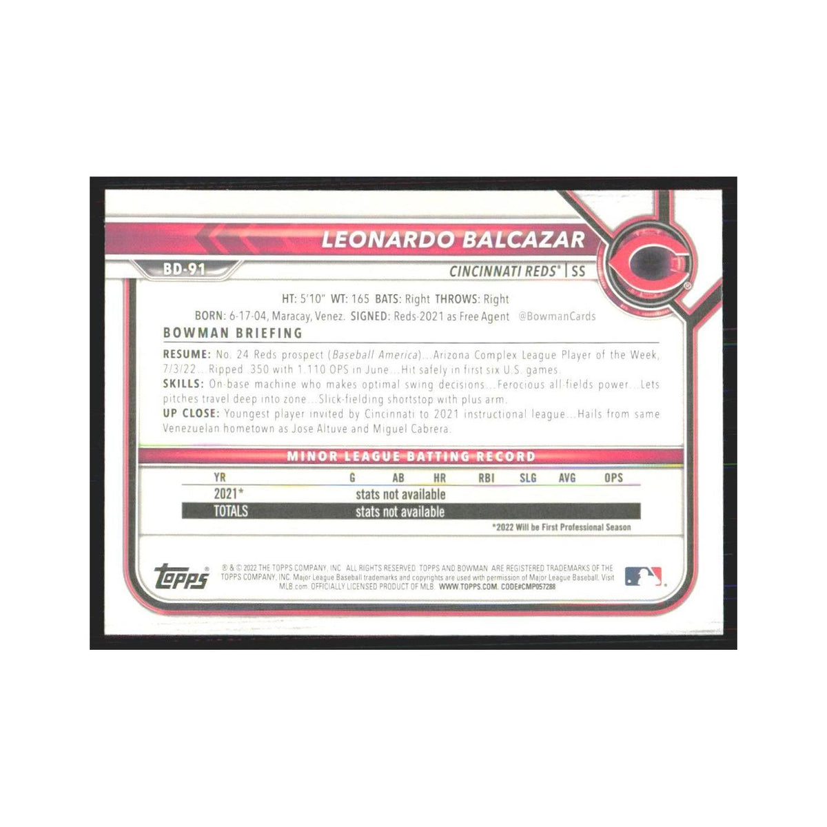 2022 Bowman Draft Leonardo Balcazar Reds #BD-91