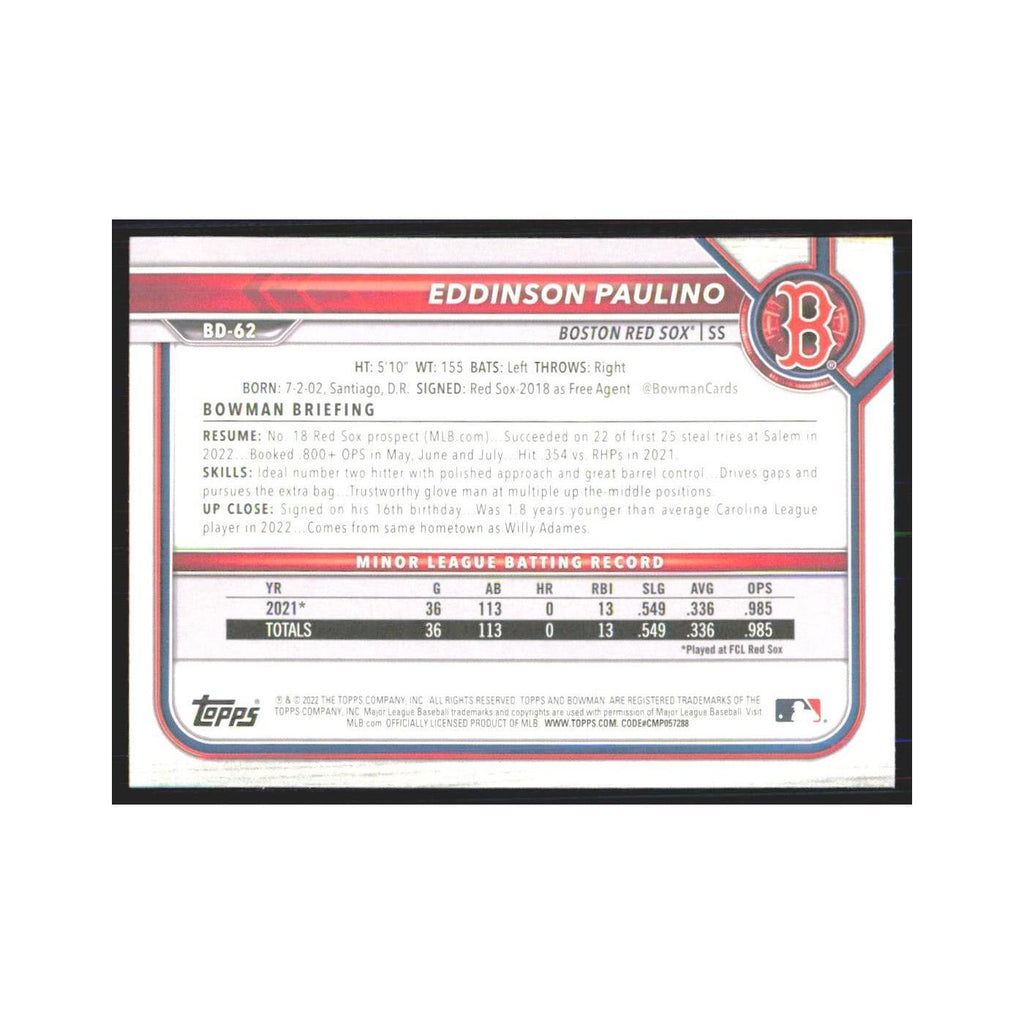 2022 Bowman Draft Eddinson Paulino Red Sox #BD-62