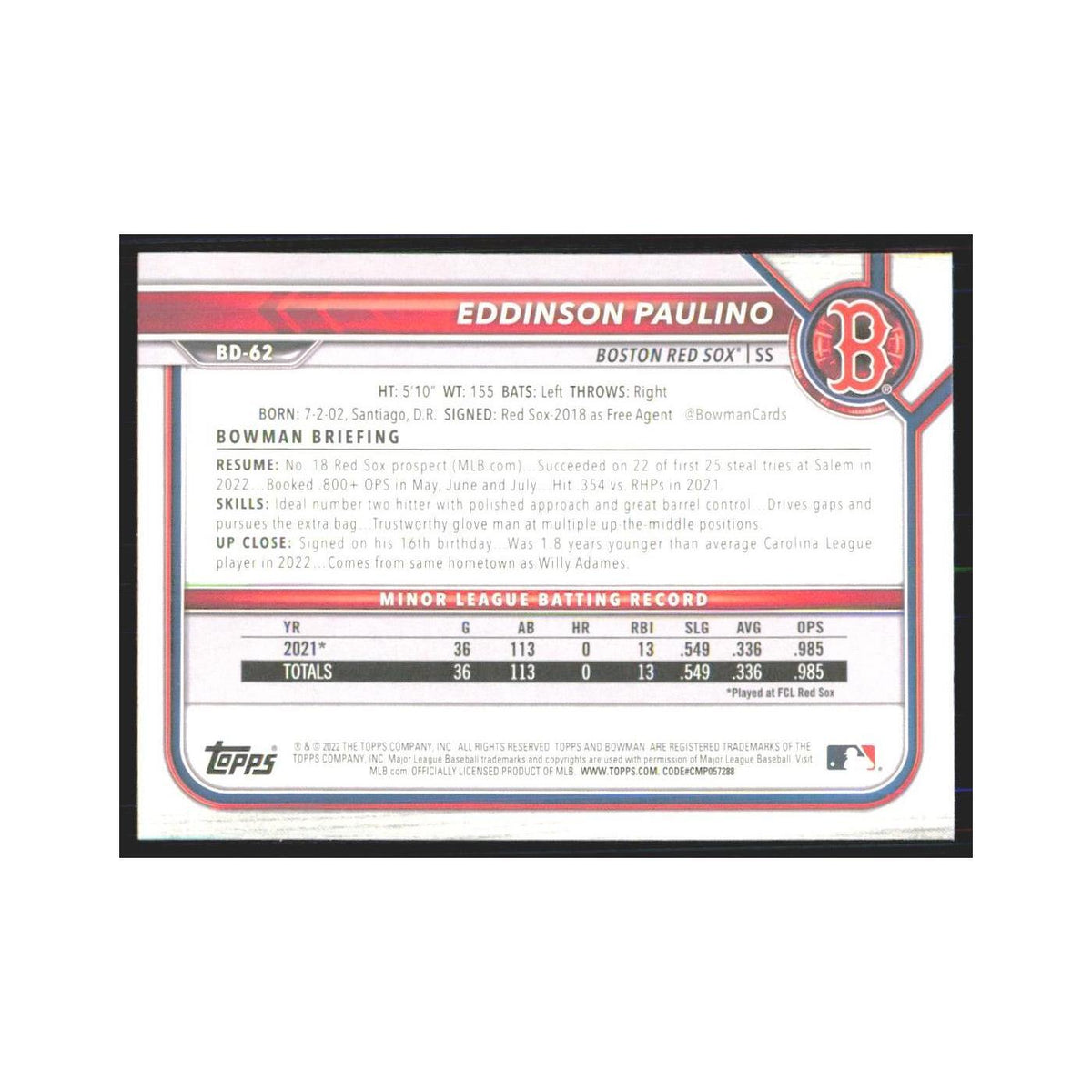 2022 Bowman Draft Eddinson Paulino Red Sox #BD-62