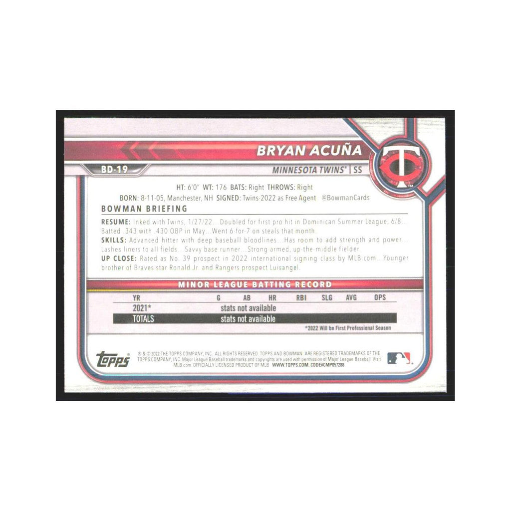 2022 Bowman Draft Bryan Acuna Twins #BD-19