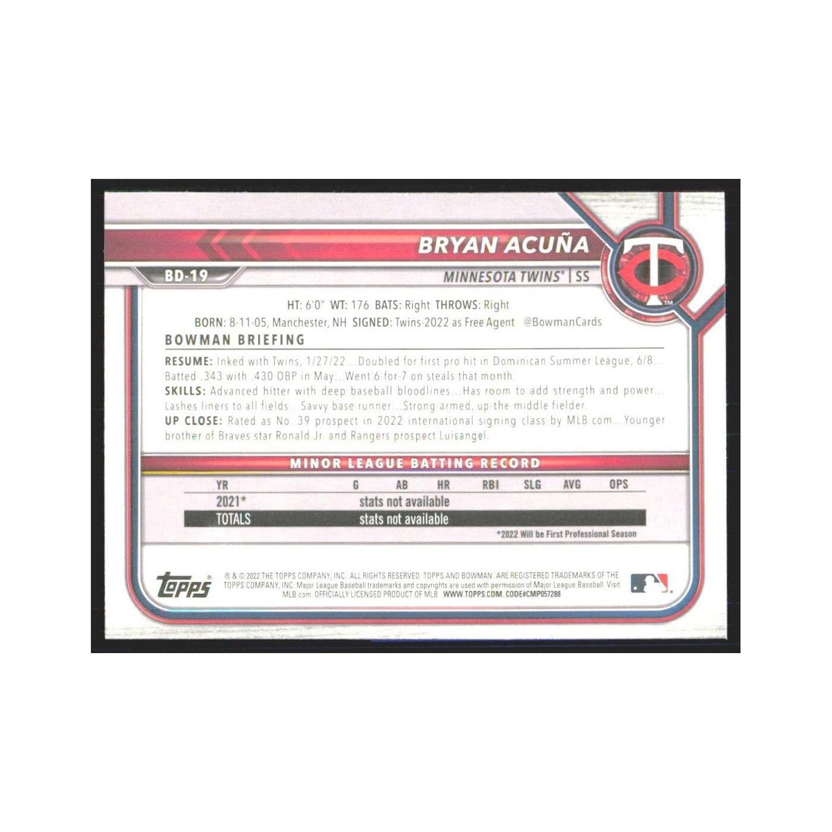 2022 Bowman Draft Bryan Acuna Twins #BD-19