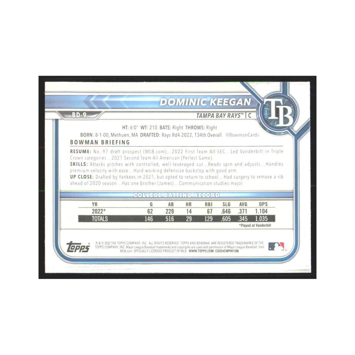 2022 Bowman Draft Dominic Keegan Rays #BD-9