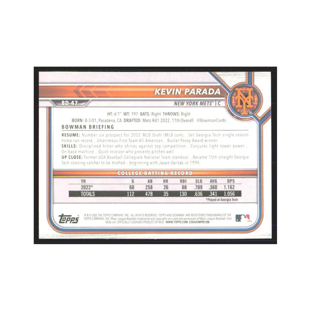 2022 Bowman Draft Kevin Parada Mets #BD-47