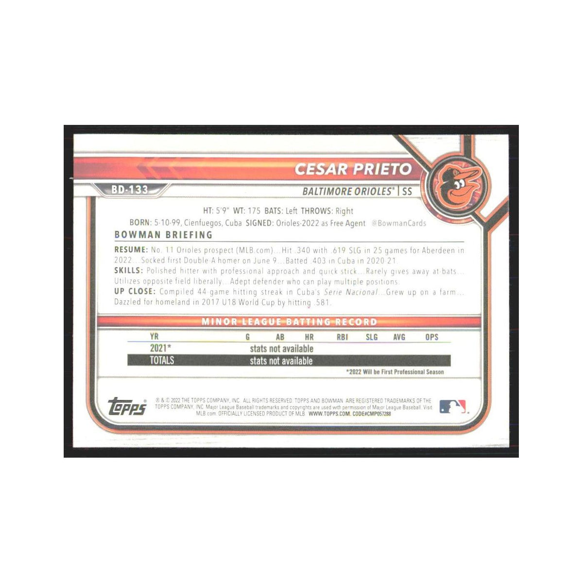 2022 Bowman Draft Cesar Prieto Orioles #BD-133
