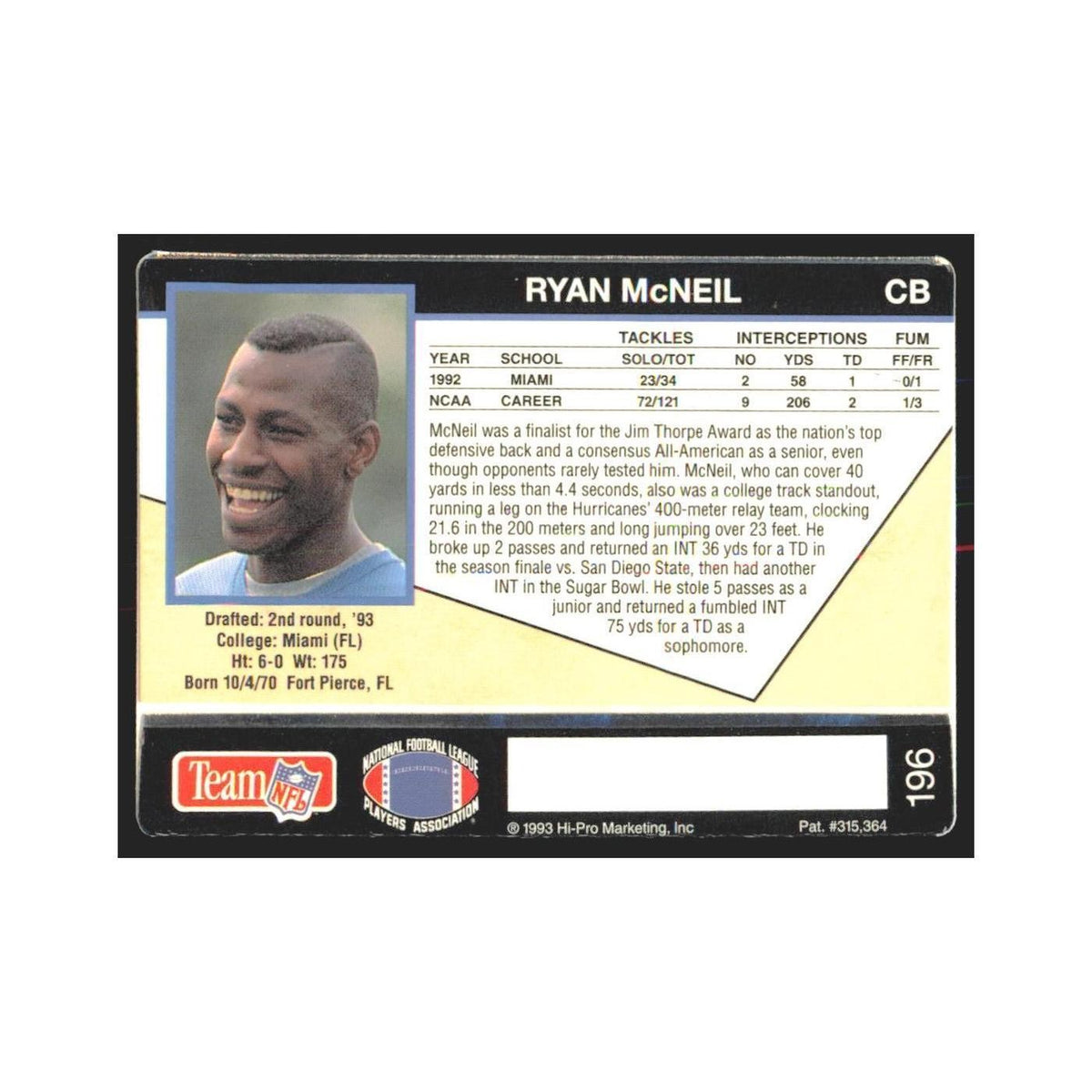 1993 Action Packed Ryan McNeil Lions #196