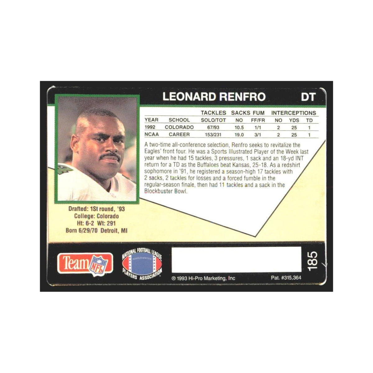 1993 Action Packed Leonard Renfro Eagles #185