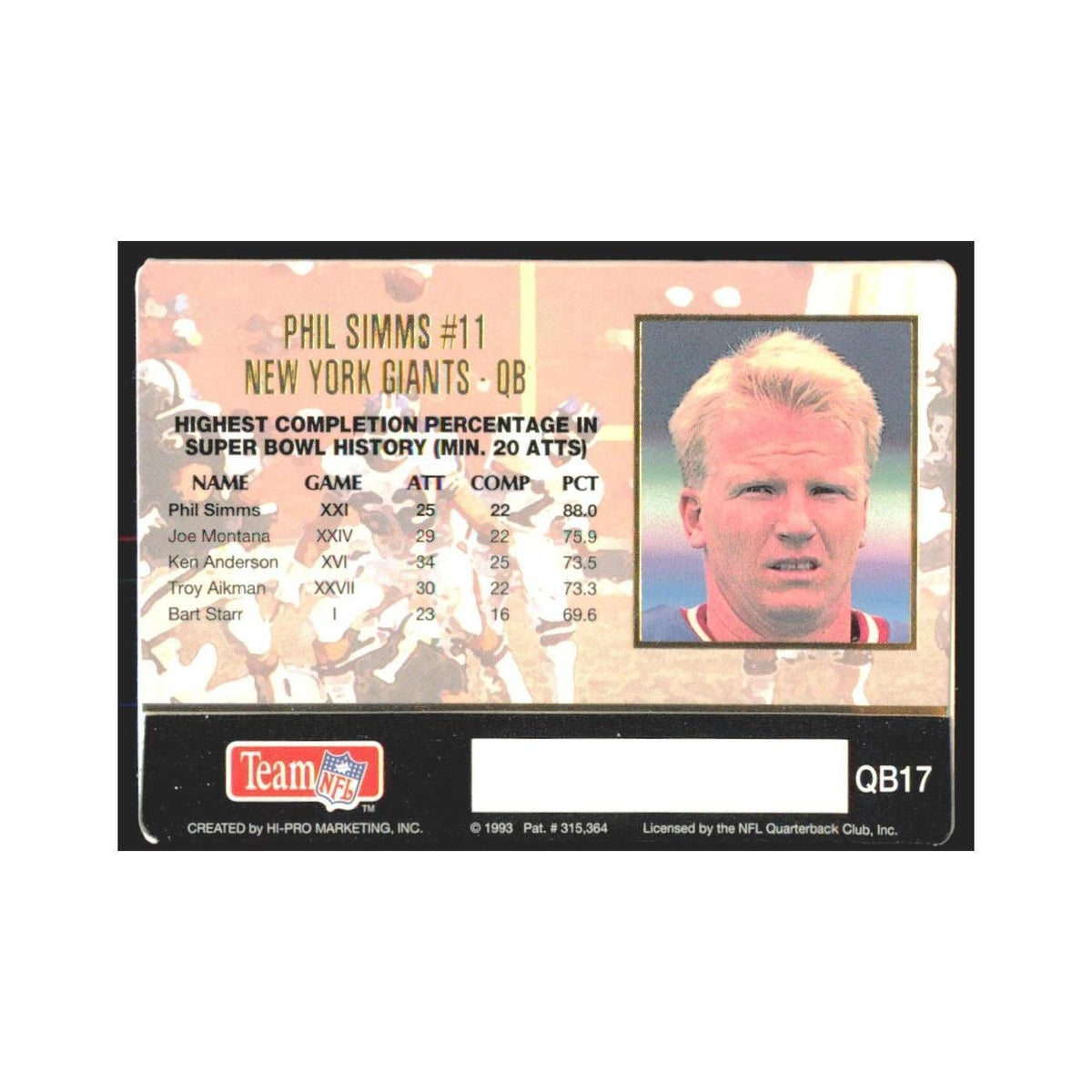 1993 Action Packed Phil Simms Giants #QB17