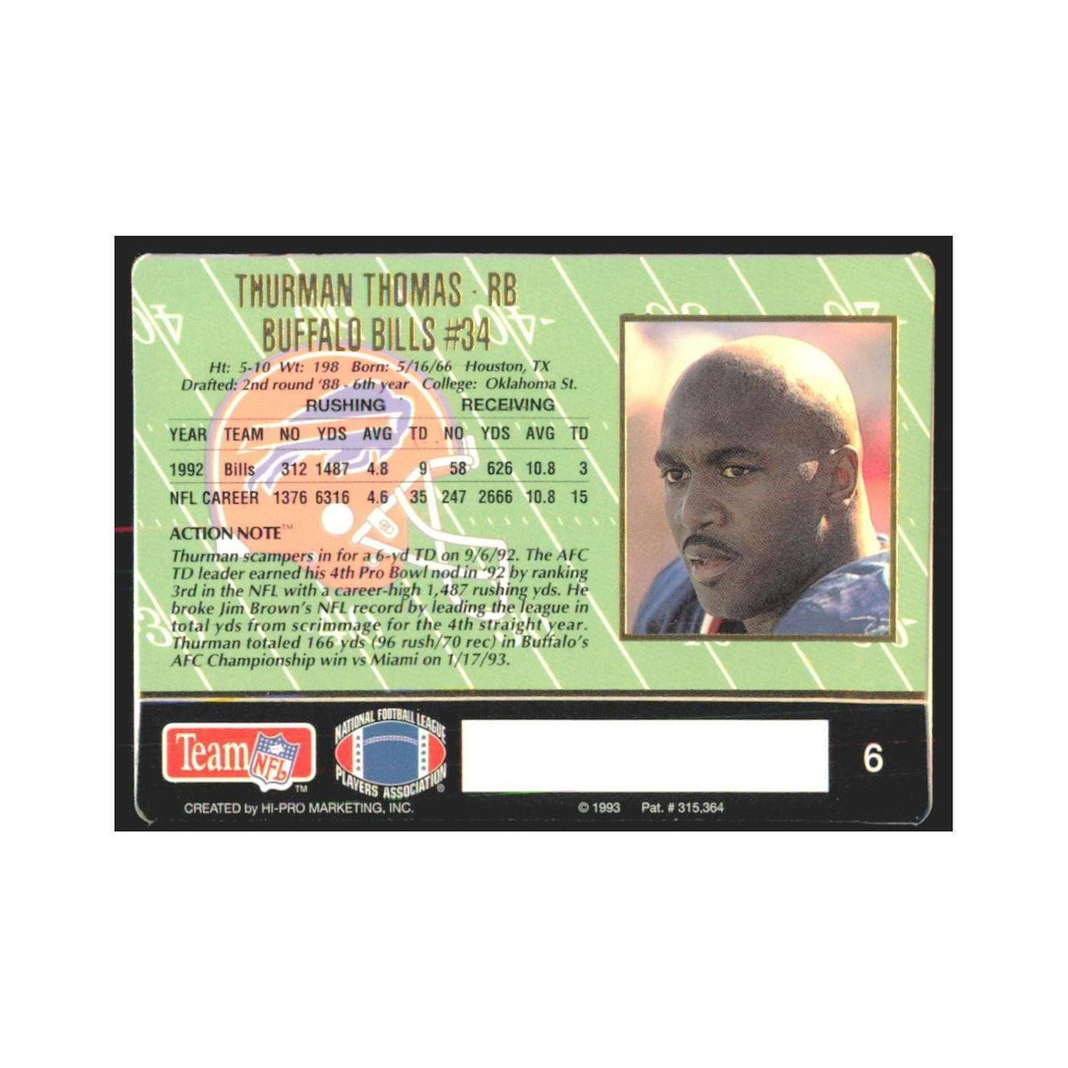 1993 Action Packed Thurman Thomas Bills #6