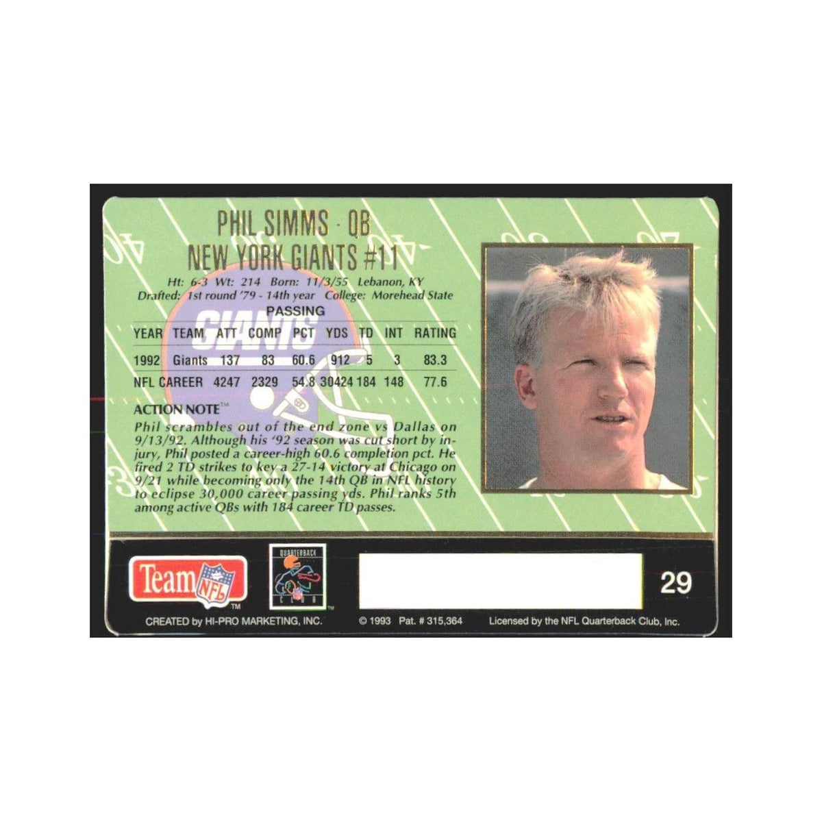 1993 Action Packed Phil Simms Giants #29