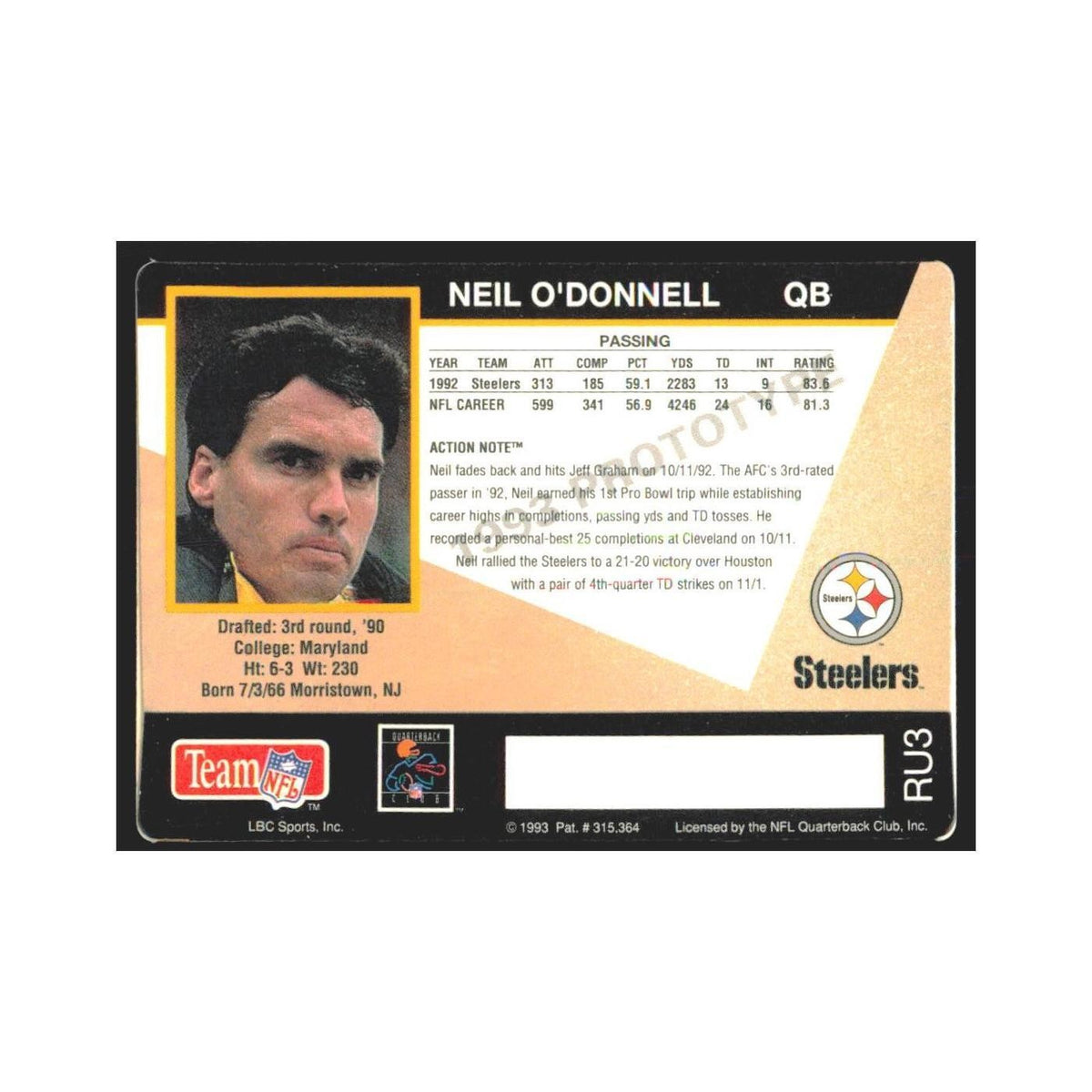 1993 Action Packed Neil O'Donnell Steelers #RU3
