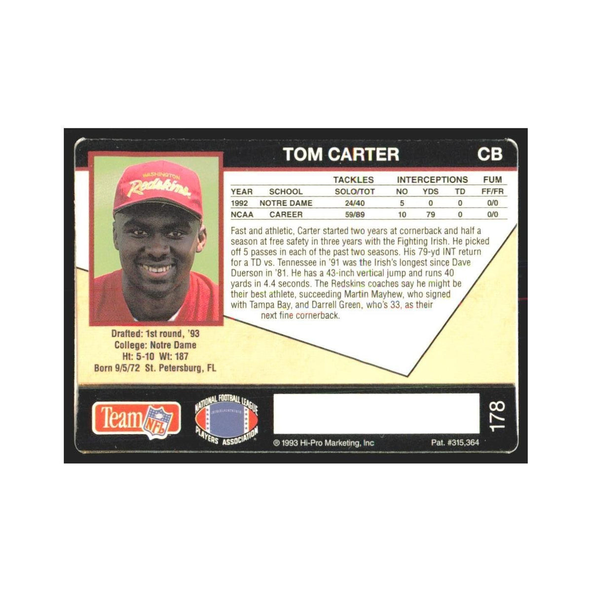 1993 Action Packed Tom Carter Redskins #178
