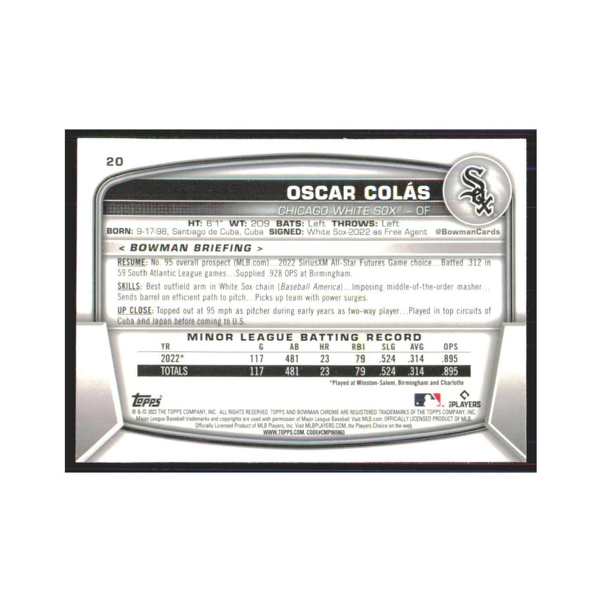 2023 Bowman Chrome Oscar Colas RC White Sox #20