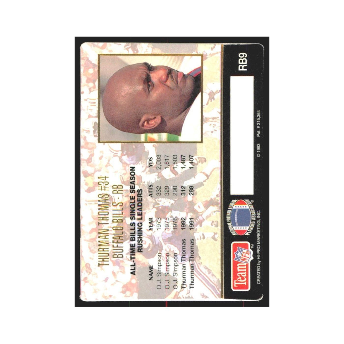 1993 Action Packed Thurman Thomas Bills #RB9