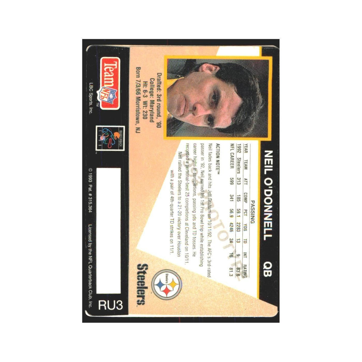 1993 Action Packed Neil O'Donnell Steelers #RU3