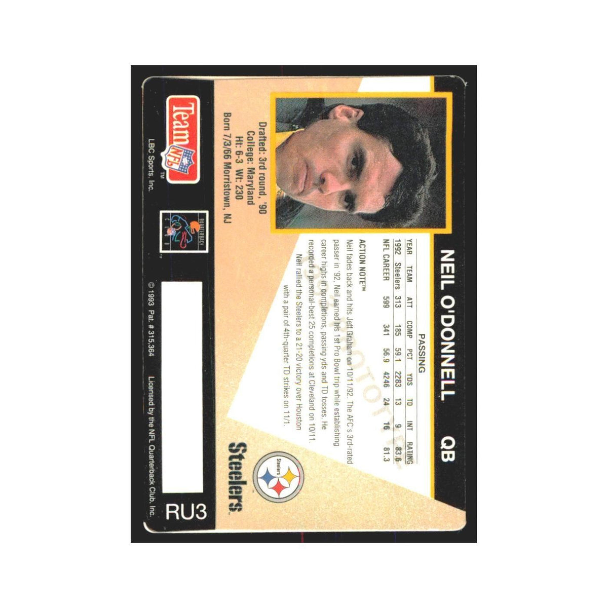 1993 Action Packed Neil O'Donnell Steelers #RU3