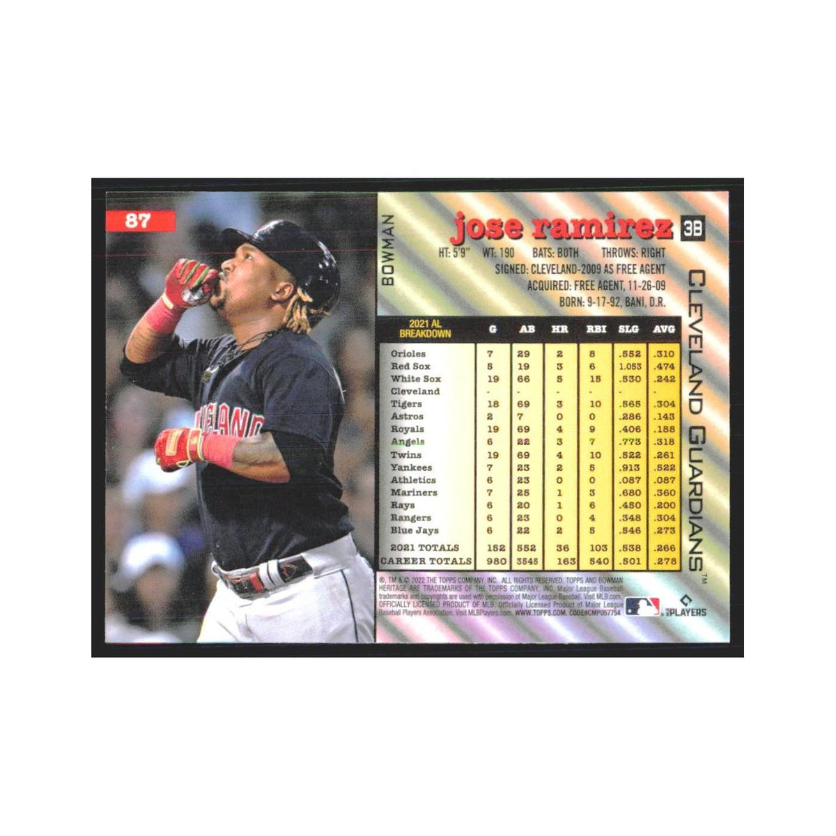 2022 Bowman Heritage Jose Ramirez Guardians #87