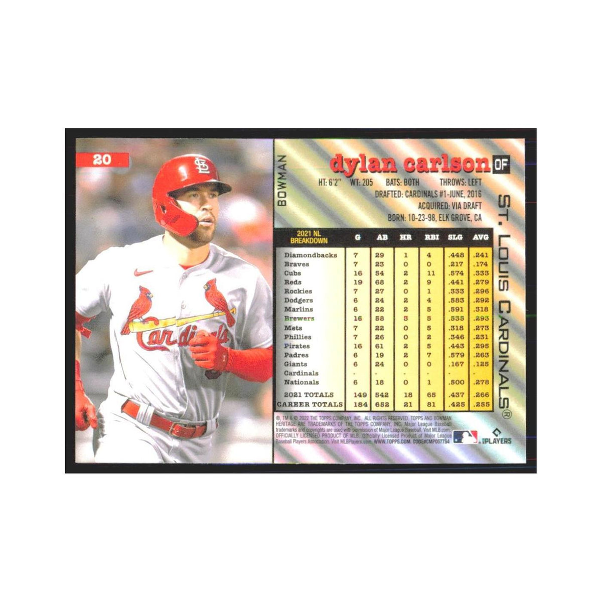 2022 Bowman Heritage Dylan Carlson Cardinals #20