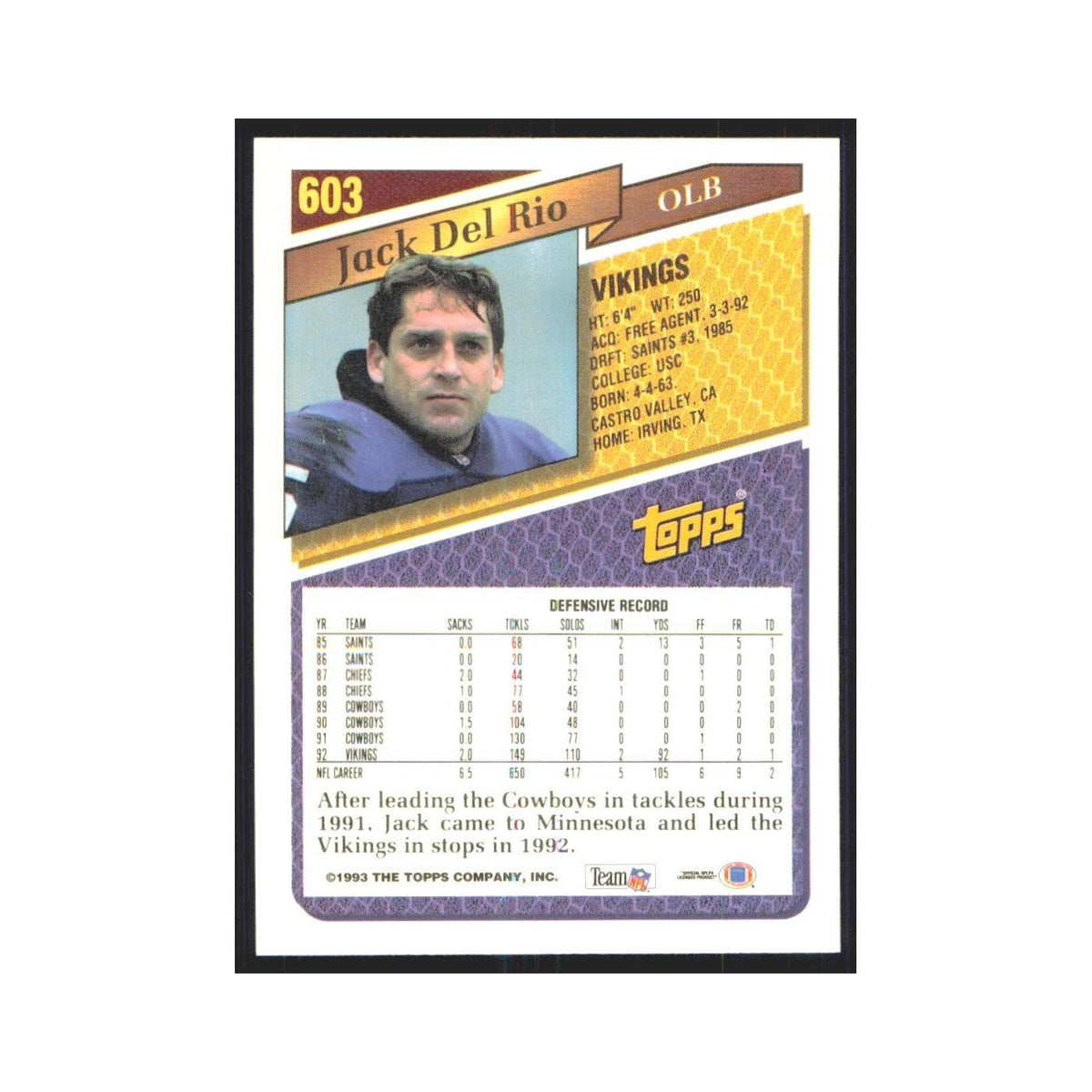1993 Topps Jack Del Rio Vikings #603