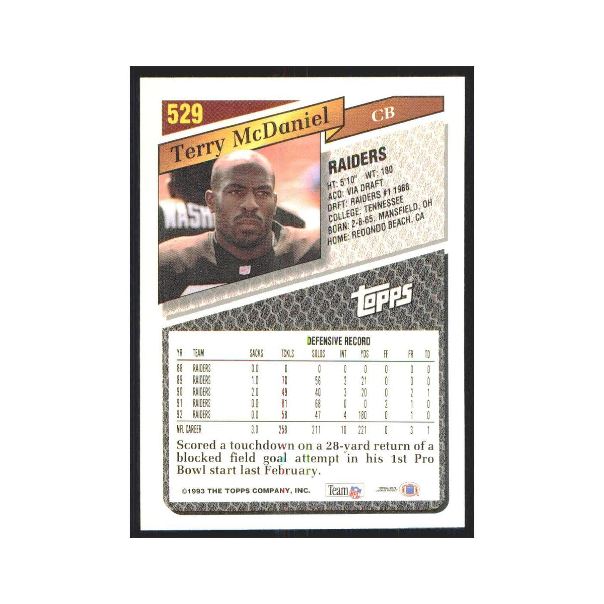 1993 Topps Terry McDaniel Los Angeles Raiders #529