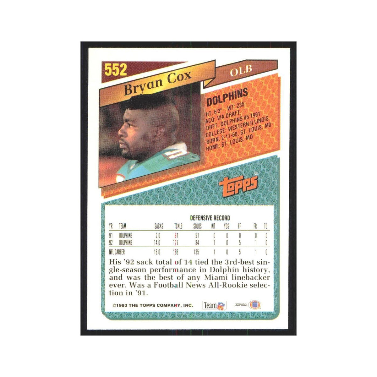 1993 Topps Bryan Cox Dolphins #552