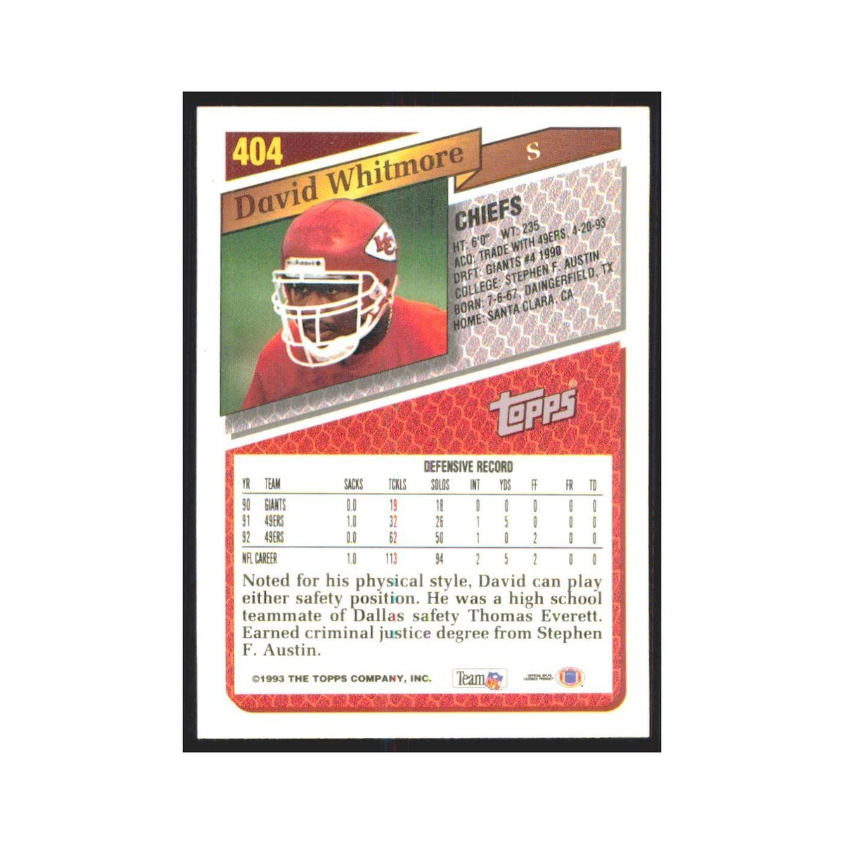 1993 Topps David Whitmore Chiefs #404