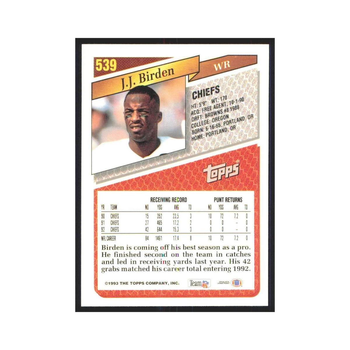 1993 Topps J.J. Birden Chiefs #539