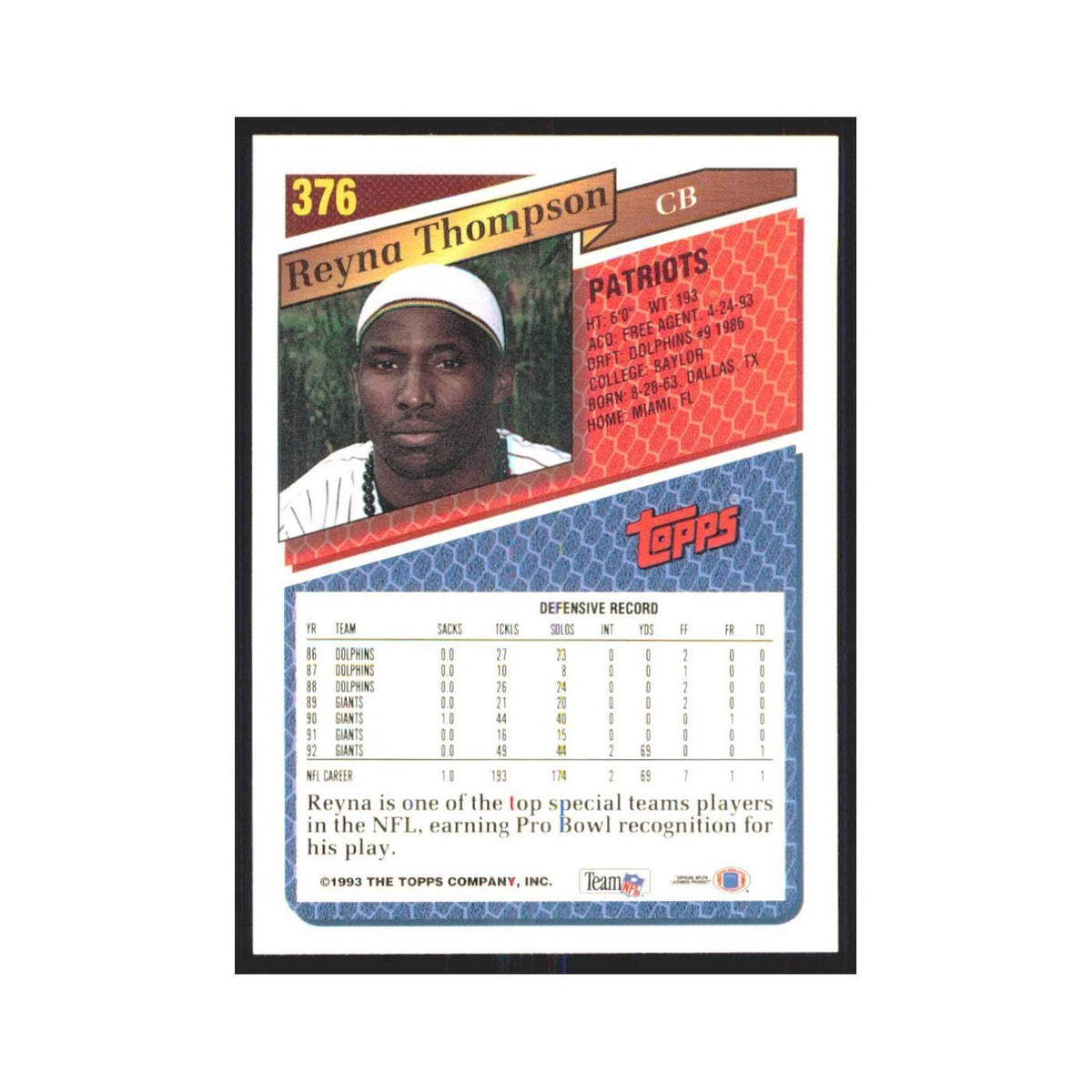 1993 Topps Reyna Thompson Patriots #376