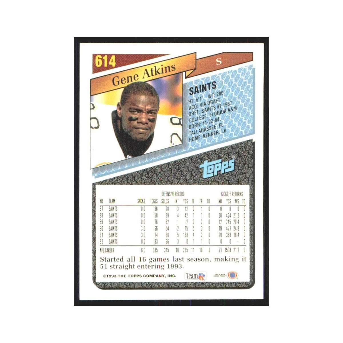 1993 Topps Gene Atkins Saints #614